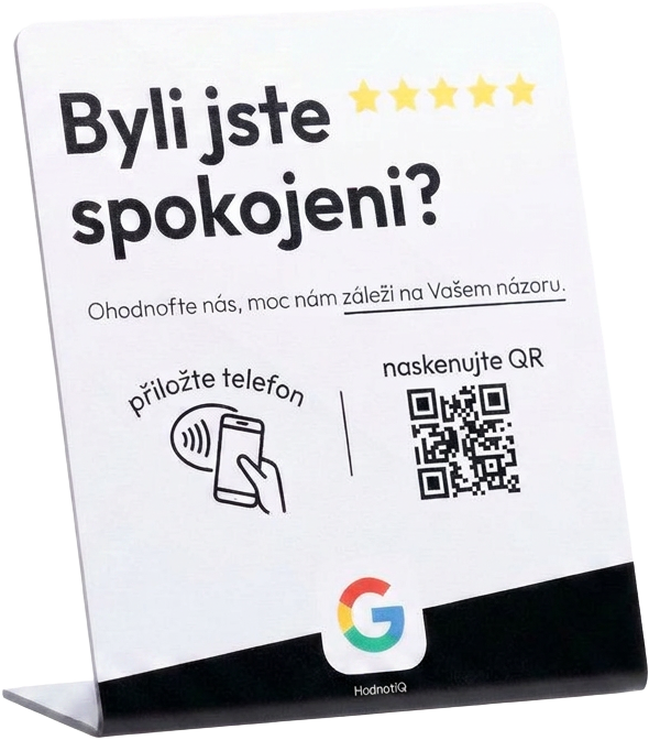 NFC a QR stojánek Hodnotiq na Google recenze