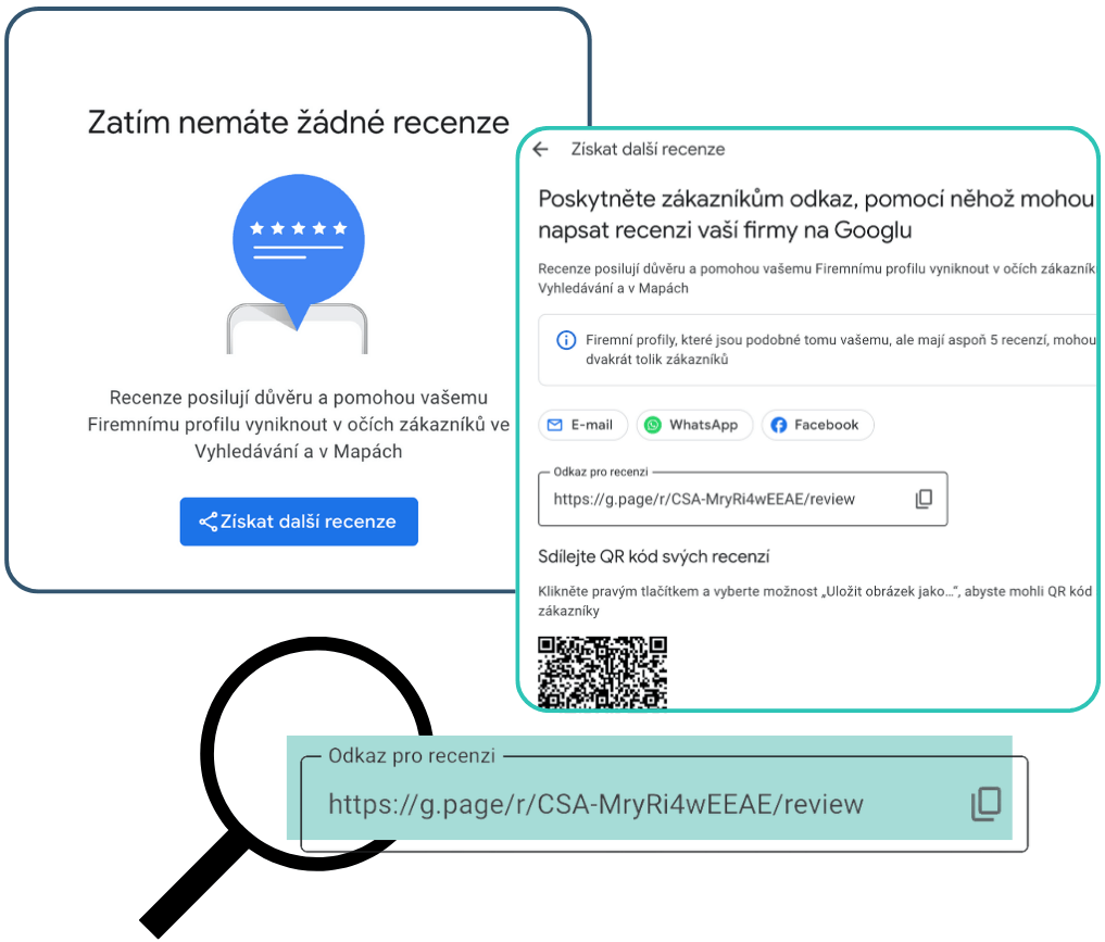 Ukázka obrazovky Google firemního profilu s odkazem pro recenzi ve formátu g.page/r/…/review