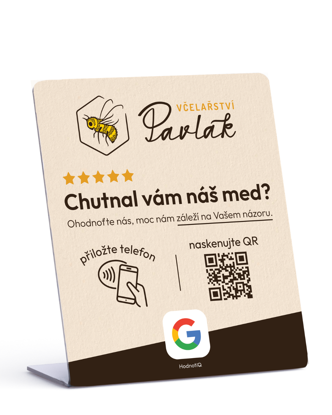 NFC stojánek na Google recenze — Včelařství Pavlák